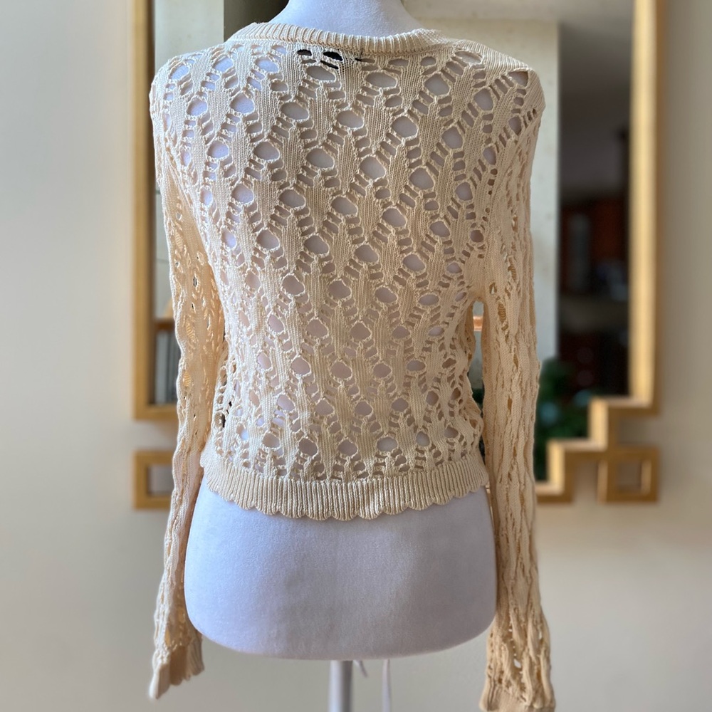 Christian Lacroix Cropped Cream Openwork Knit Sweater Lace Long Sleeve S/M - Picture 3 of 11